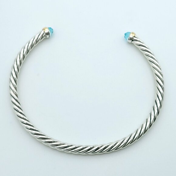 David Yurman Sterling Silver & 14k Gold 4mm Flex Blue Topaz Cable Bracelet 7inch - Picture 8 of 8